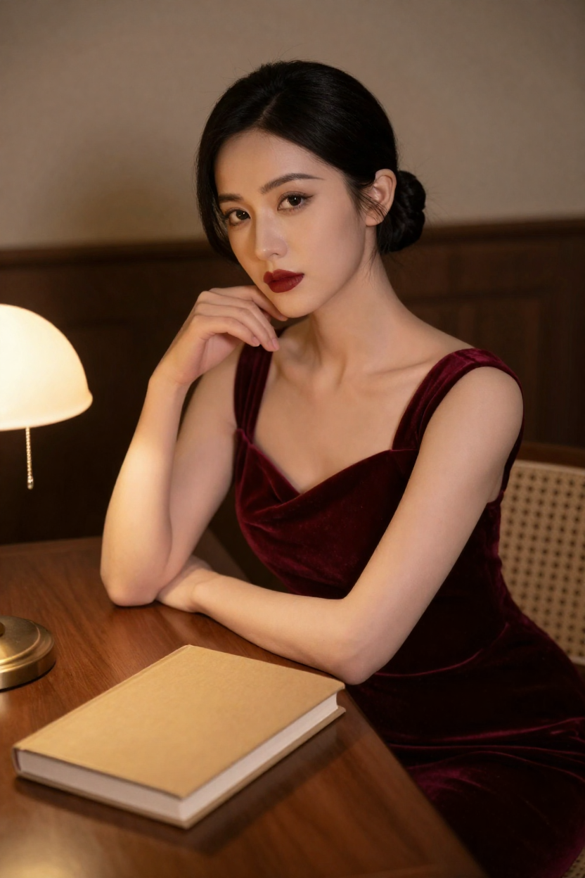 Photorealistic portrait of a fictional 27-year-old woman with a mature, elegant presence, long black hair in